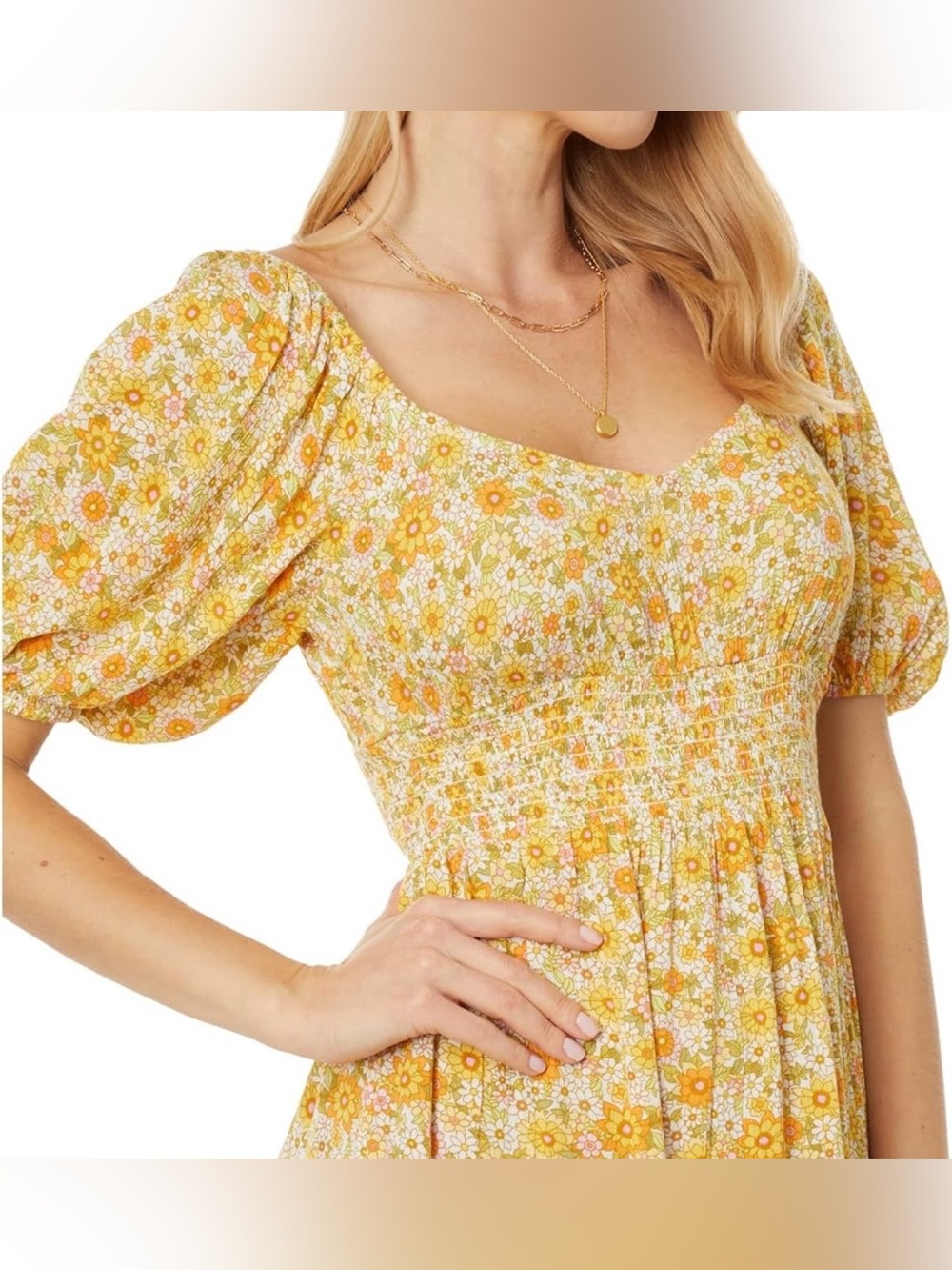 Billabong "Something Pretty" Orange and Yellow Floral Puff-Sleeve Mini Dress